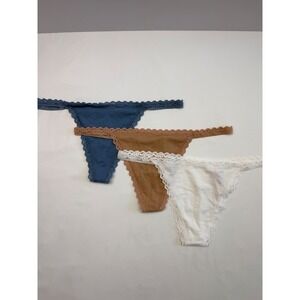 Victorias Secret V-String Panties Set of 3 Lace Trim Blue Tan White Womens M NWT